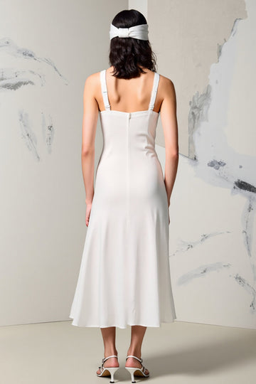 Ivory V Neck A Line Ruched Long Summer Dress with Slit